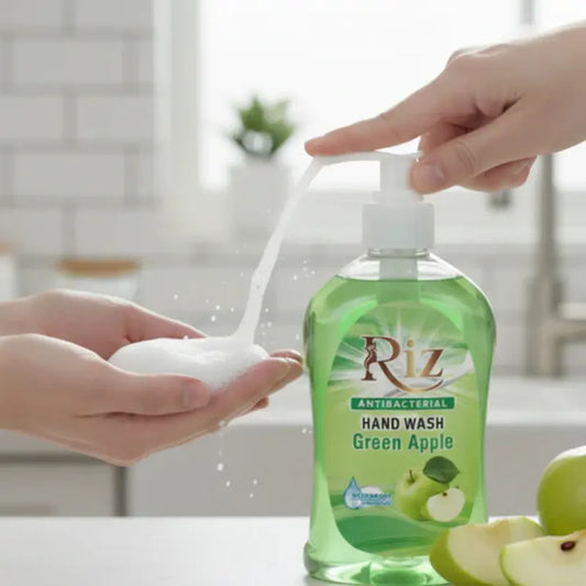 Fresh Riz green apple antibacterial liquid hand wash for germ protection and clean hands.