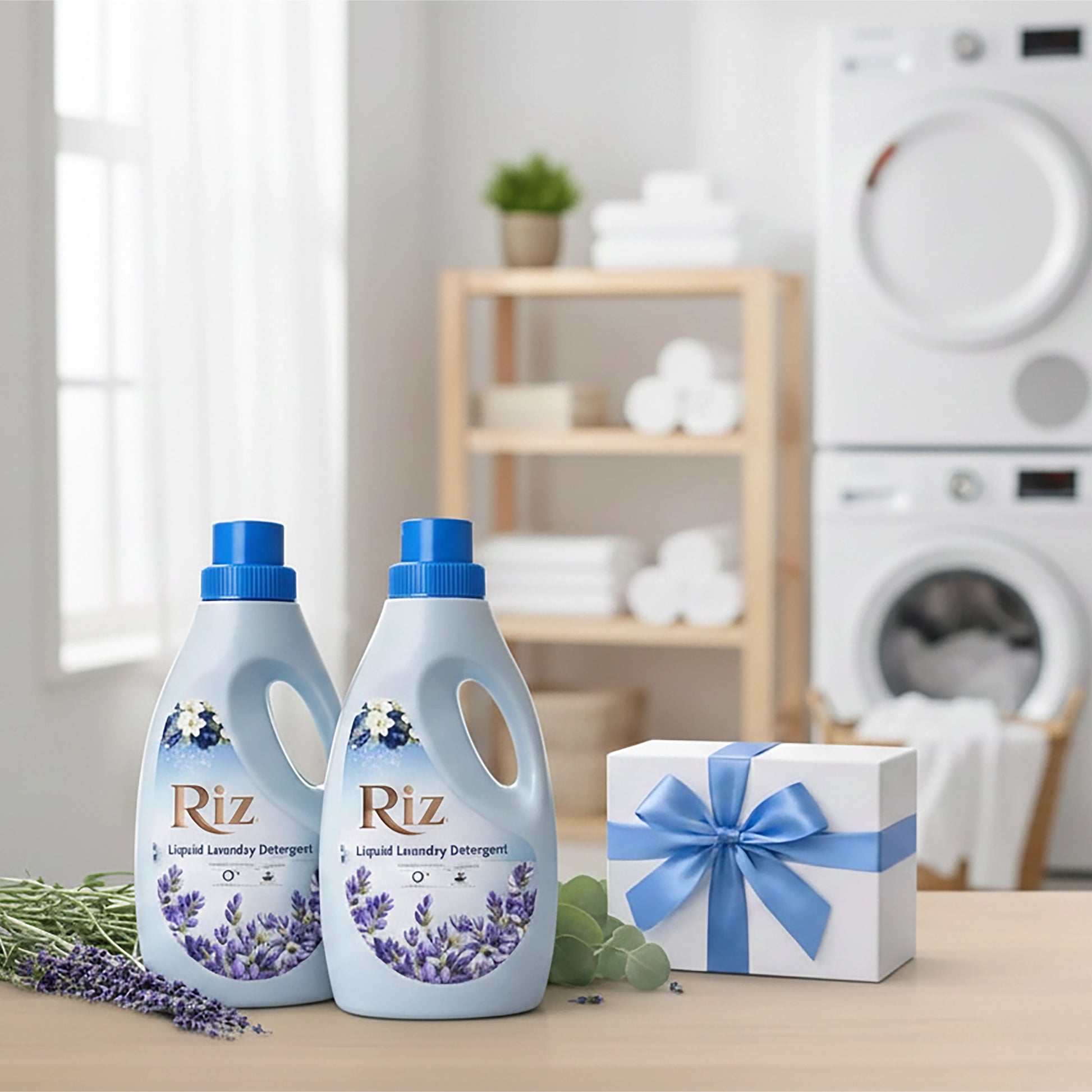 Riz lavender liquid laundry detergent bottles for fresh clean soft bright clothes.