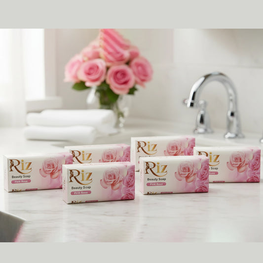 Riz pink rose beauty soap pack boxes for soft fresh glowing smooth bright skin.