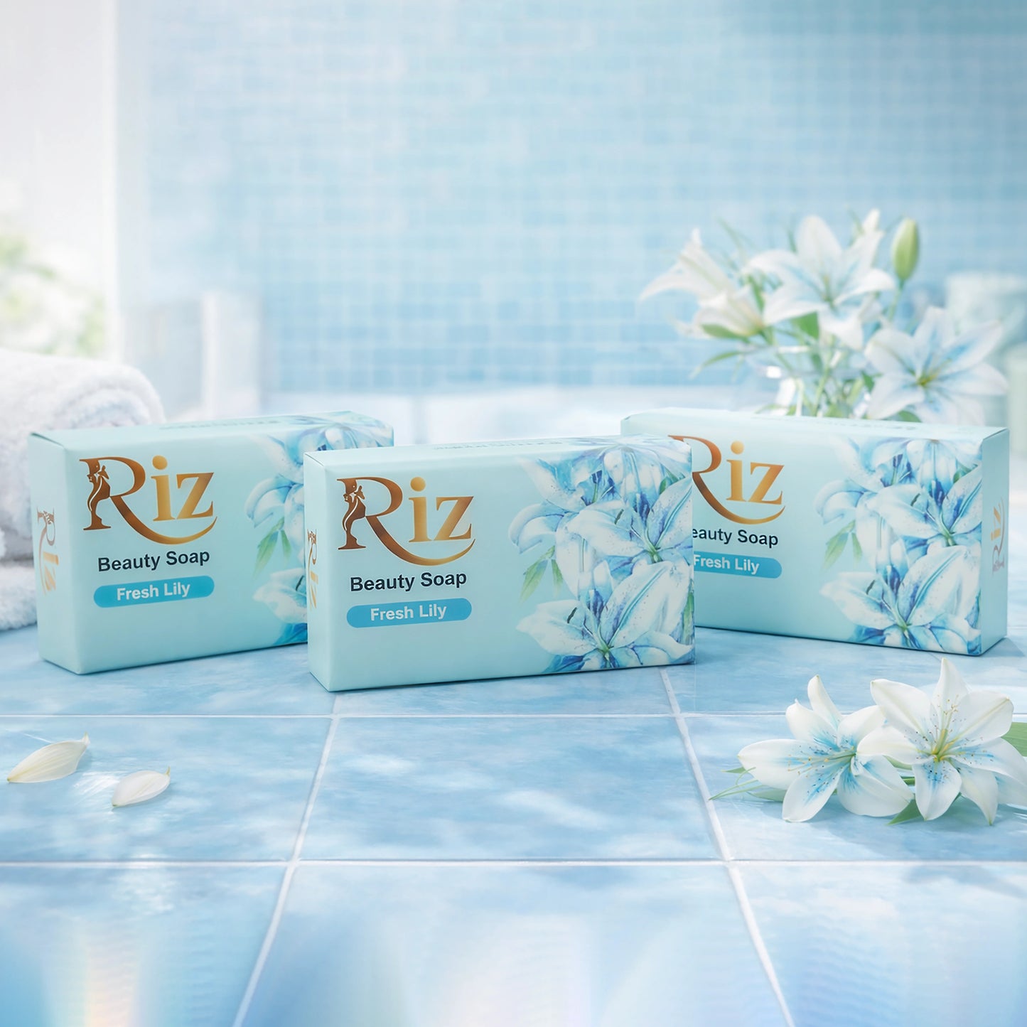 Riz fresh lily beauty soap bars for soft clean glowing smooth bright skin.