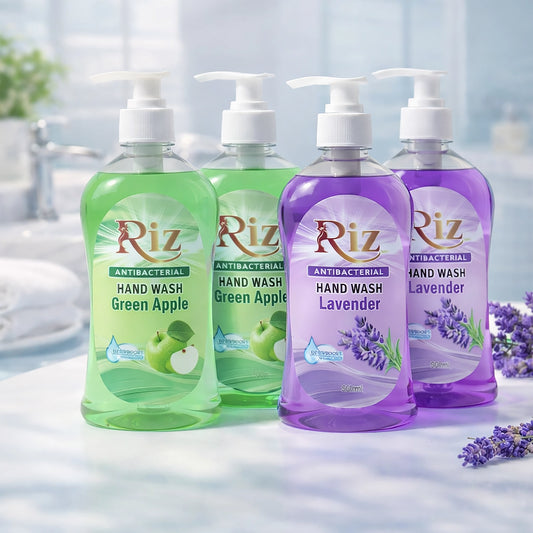 Riz antibacterial hand wash bottles in green apple and lavender.
