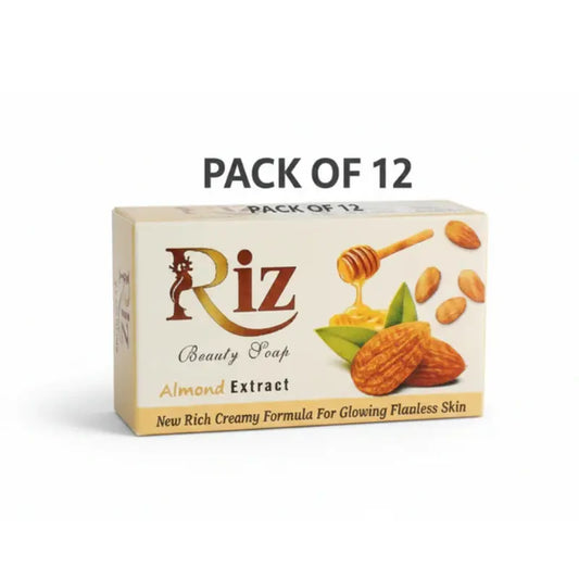 Pack of 12 Riz Almond Extract beauty soap bars for glowing soft skin with creamy almond care – best moisturizing soap for daily use in Pakistan