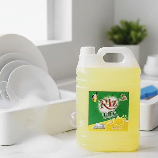 Riz Ultra lemon dishwash liquid bottle with powerful grease clean.