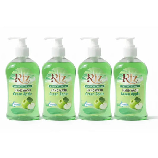 Four bottles of Riz green apple antibacterial hand wash for deep cleaning and fresh skin.