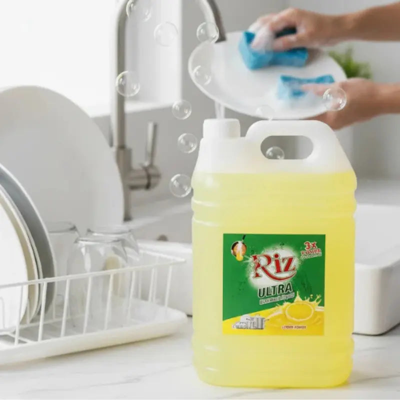 Riz Ultra lemon dishwashing liquid for grease removal, powerful kitchen dish soap, best dishwashing liquid, long lasting cleaning formula, antibacterial dish cleaner for sparkling dishes.
