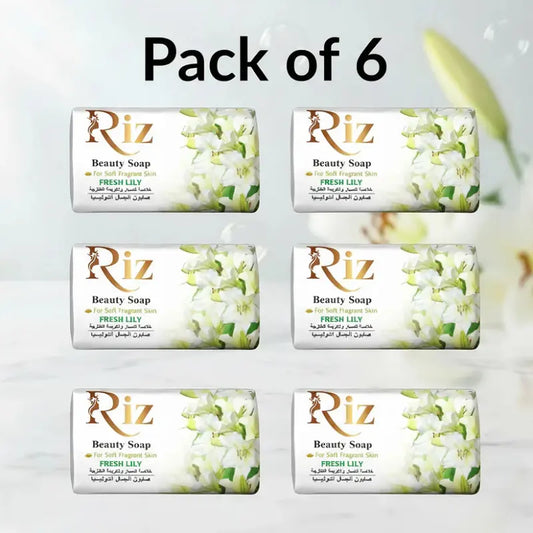 Riz Beauty Soap Pack of 6 Fresh Lily soap bars for soft glowing skin, moisturizing bath soap, best beauty soap for women and men, natural skincare soap, long lasting fragrance soap.