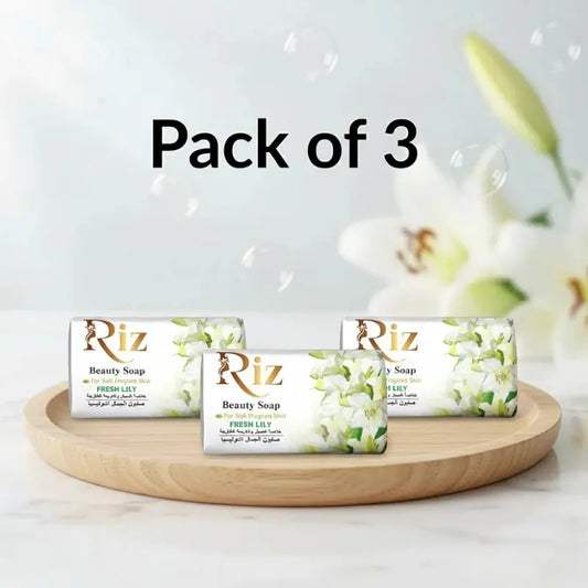 Riz Beauty Soap Pack of 3 Fresh Lily scented soap bars for soft glowing skin, moisturizing beauty soap, best bath soap for women and men, skincare soap pack.