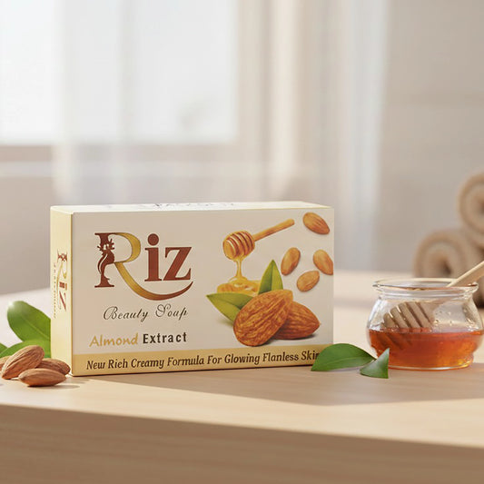 Riz almond beauty soap pack box for soft clear bright skin.